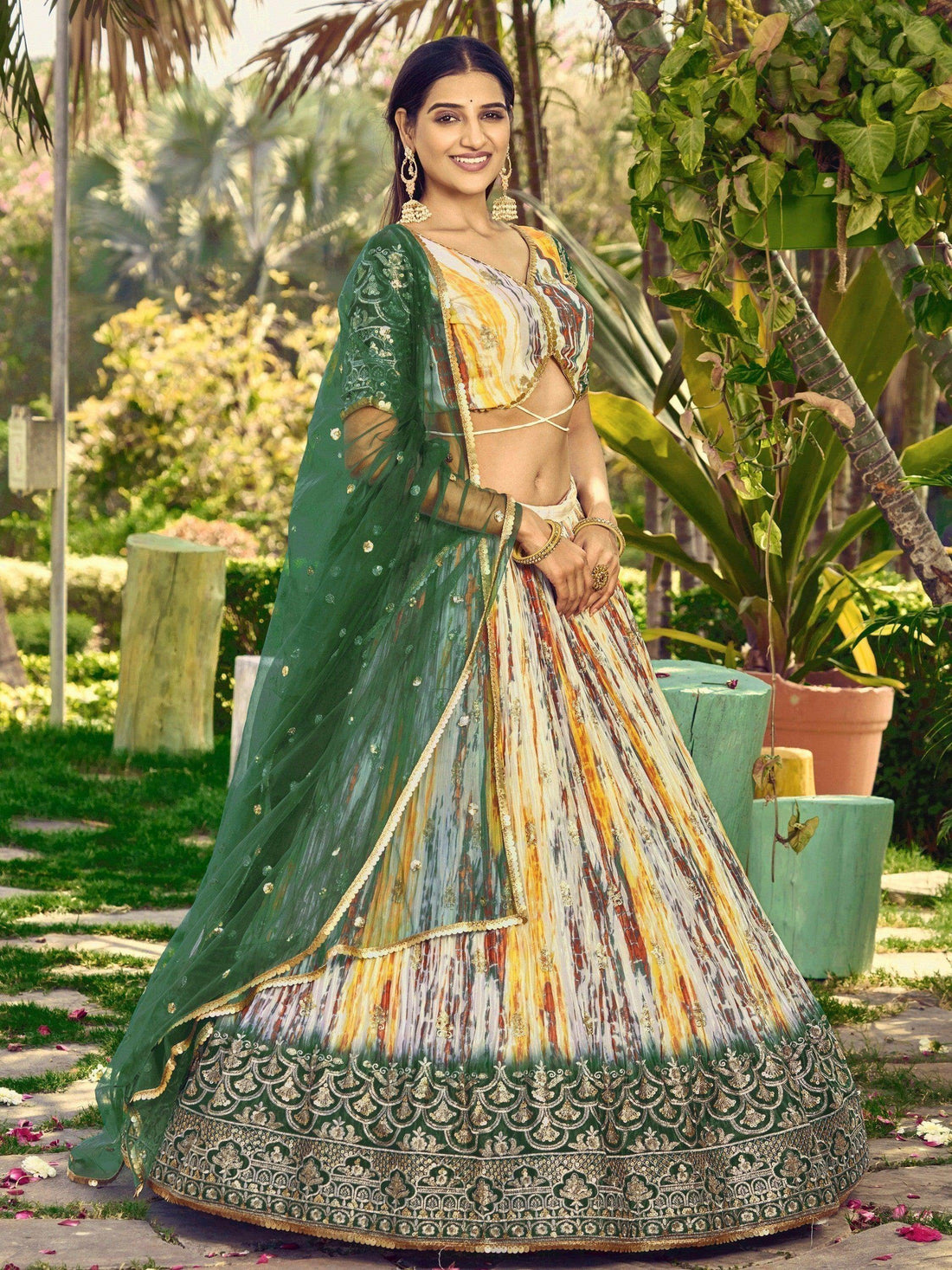 Captivating White & Green Digital Printed Chinon Lehenga Choli - Zeel Clothing