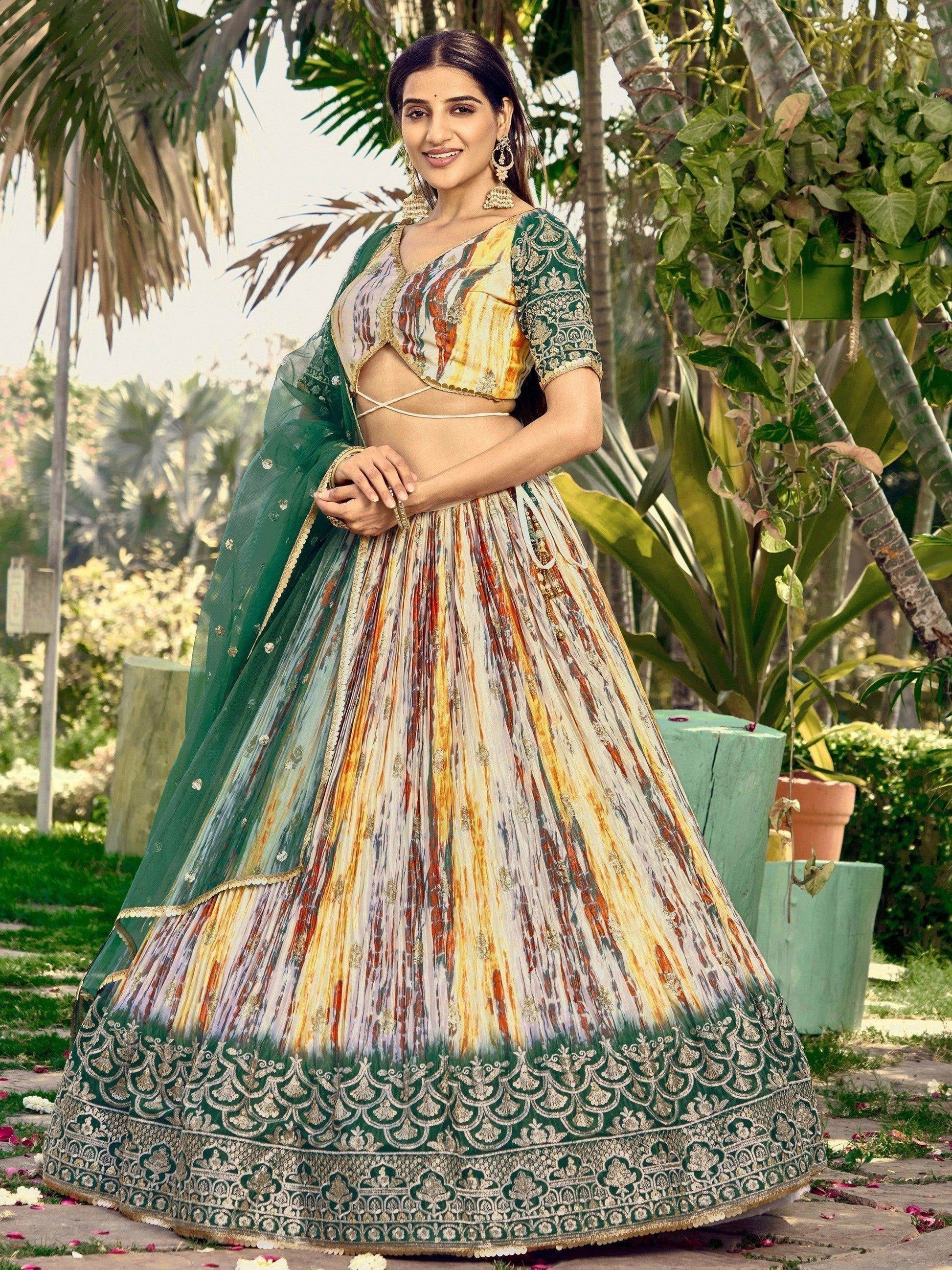 Captivating White & Green Digital Printed Chinon Lehenga Choli - Zeel Clothing