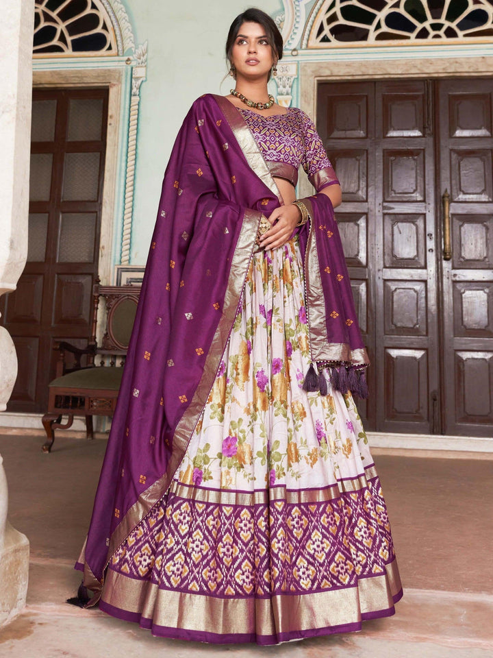 Captivating White & Wine Patola Printed Tussar Silk Lehenga Choli