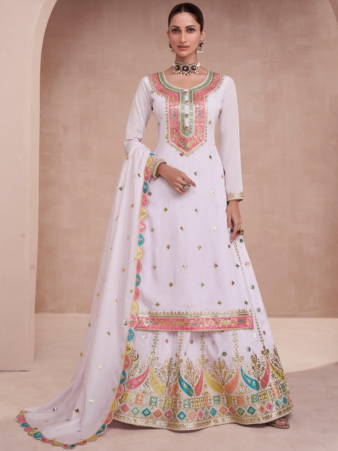 Captivating White Embroidered Silk Lehenga Suit With Dupatta