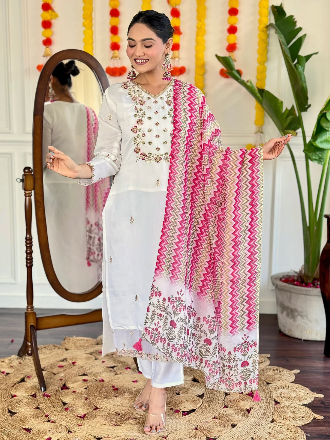 Captivating White Floral Embroidered Viscose Event Wear Pant Suit - Zeel Clothing