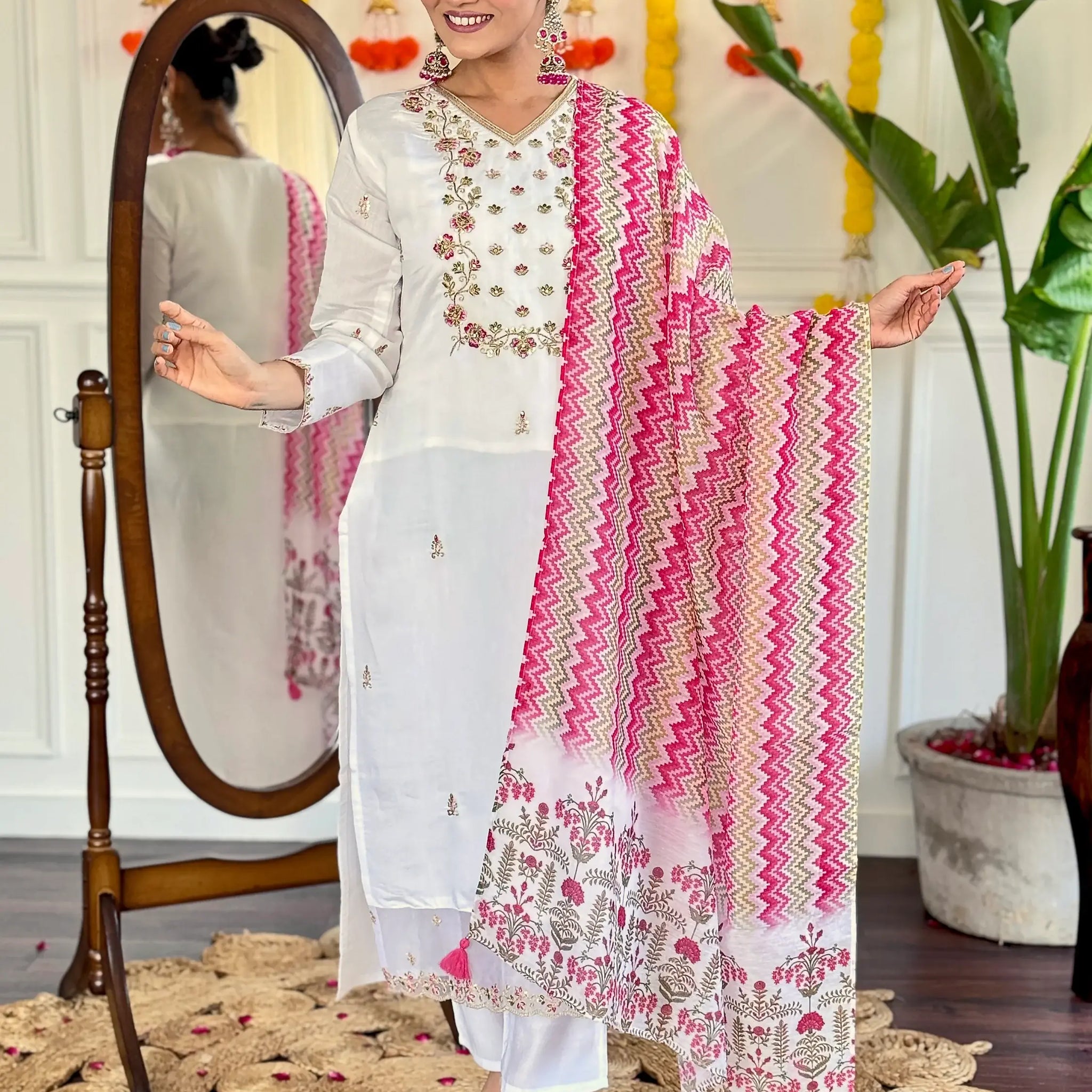 Captivating White Floral Embroidered Viscose Event Wear Pant Suit - Zeel Clothing