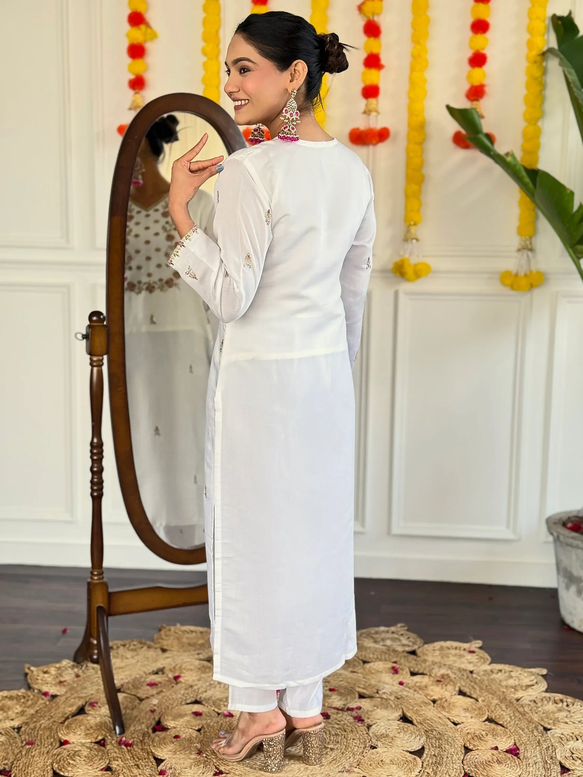 Captivating White Floral Embroidered Viscose Event Wear Pant Suit - Zeel Clothing