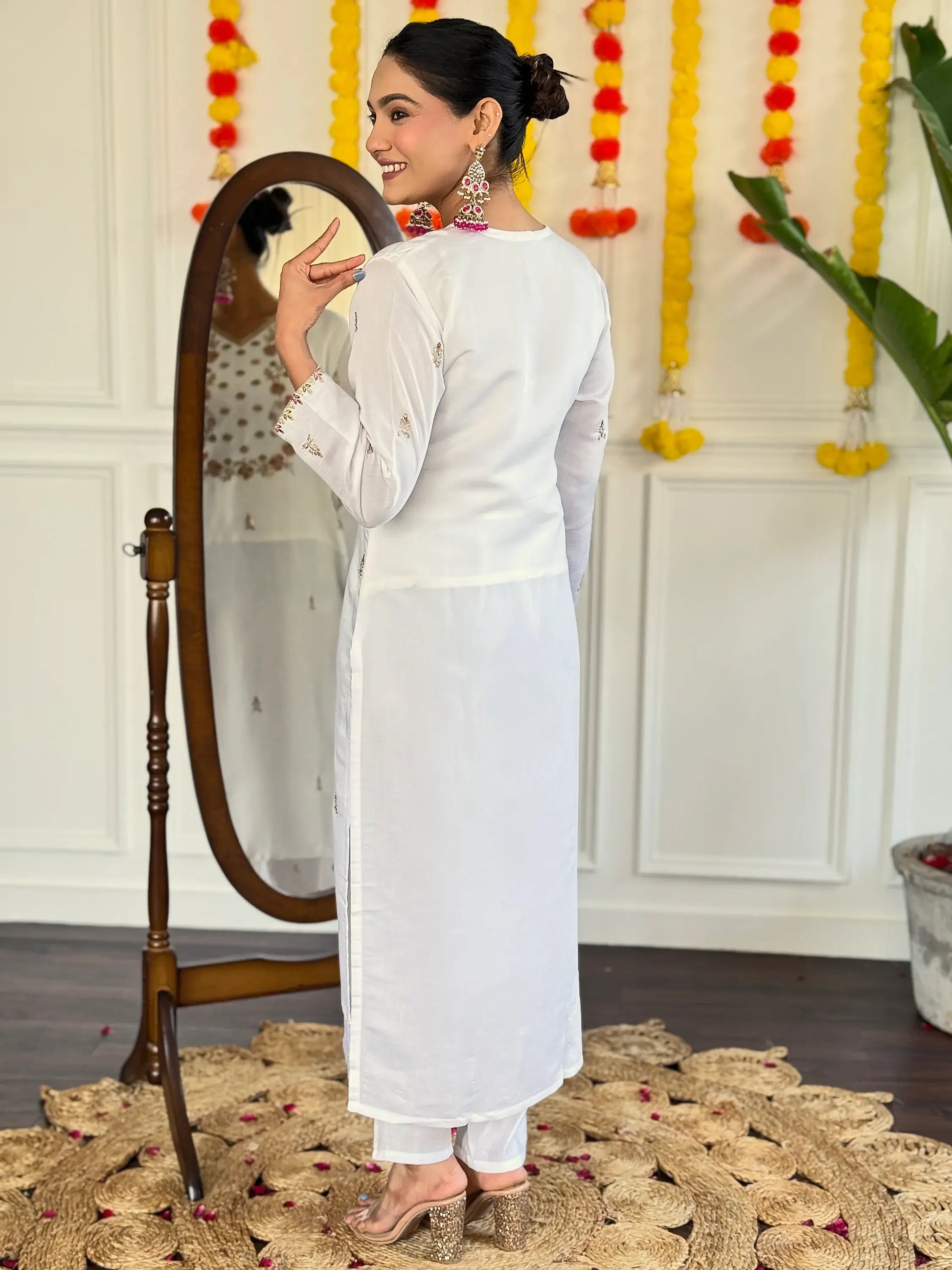Captivating White Floral Embroidered Viscose Event Wear Pant Suit - Zeel Clothing