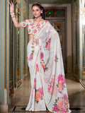 Captivating White Floral Printed Georgette Festive Wear Saree With Blouse - Zeel Clothing