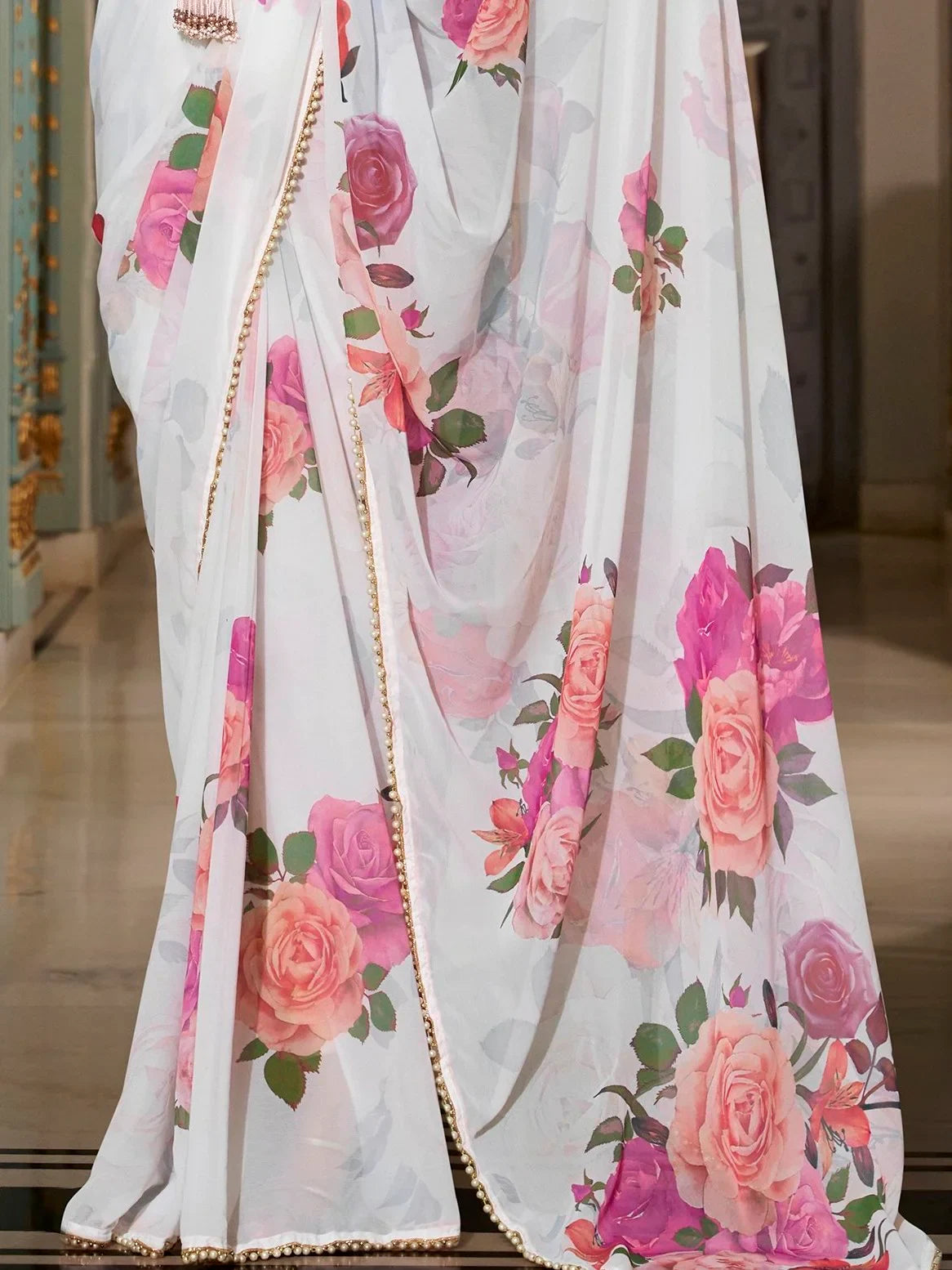 Captivating White Floral Printed Georgette Festive Wear Saree With Blouse - Zeel Clothing