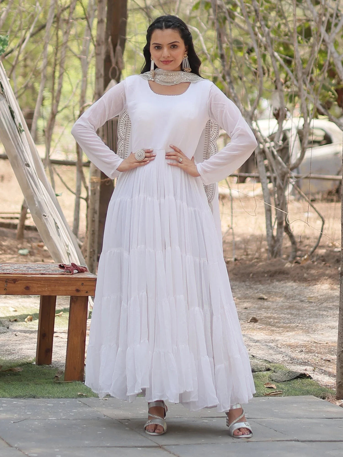 Captivating White Georgette Festival Wear Gown With Dupatta - Zeel Clothing