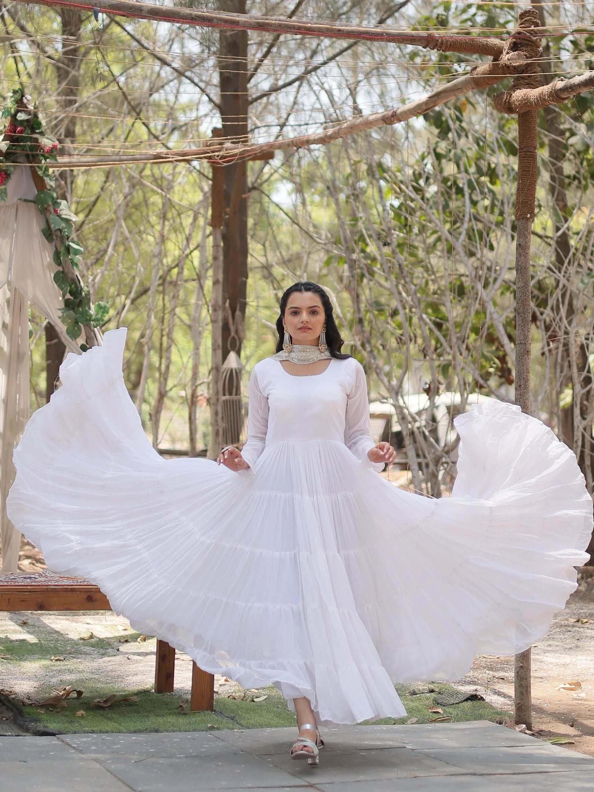 Captivating White Georgette Festival Wear Gown With Dupatta - Zeel Clothing