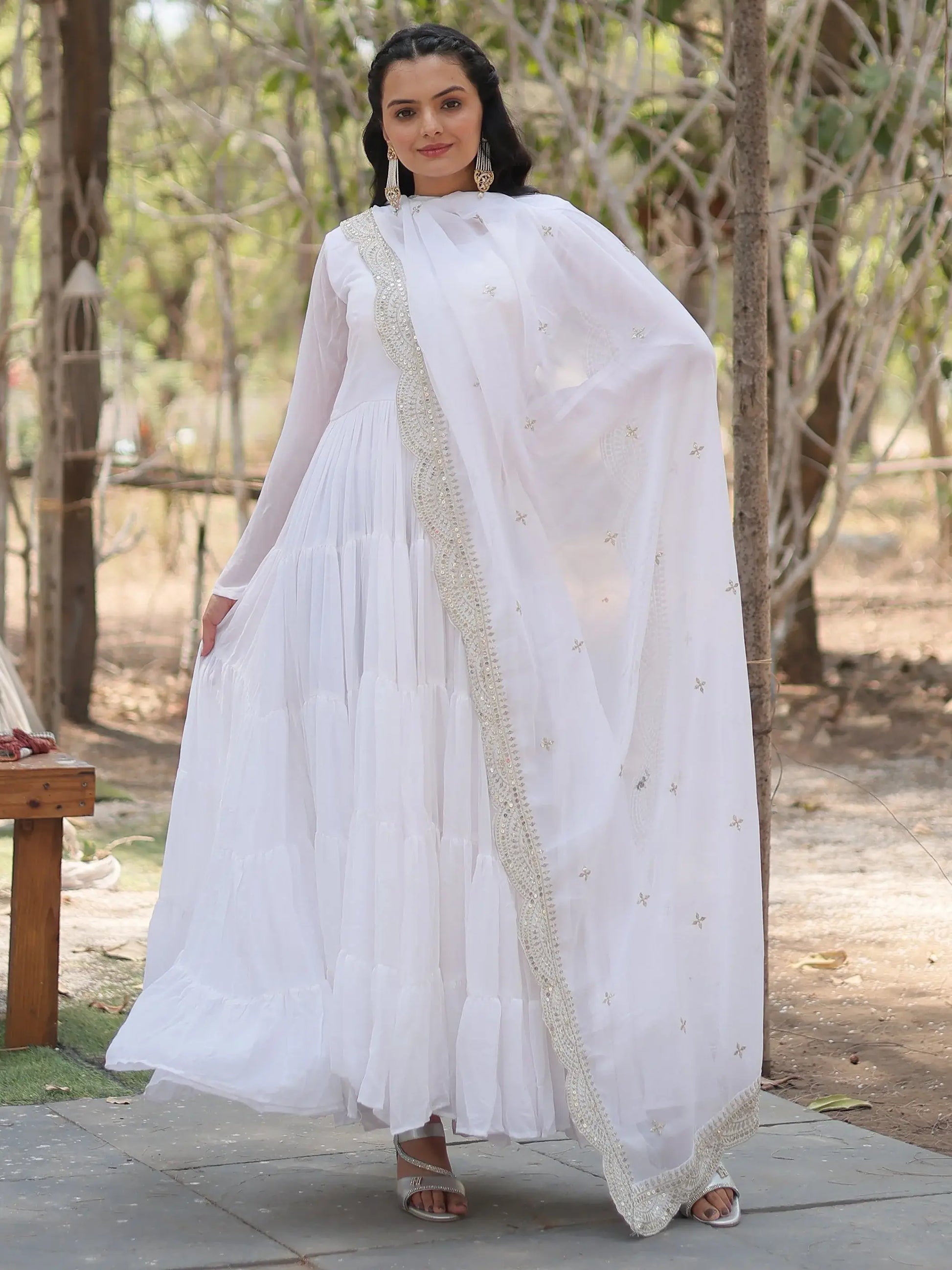 Captivating White Georgette Festival Wear Gown With Dupatta - Zeel Clothing