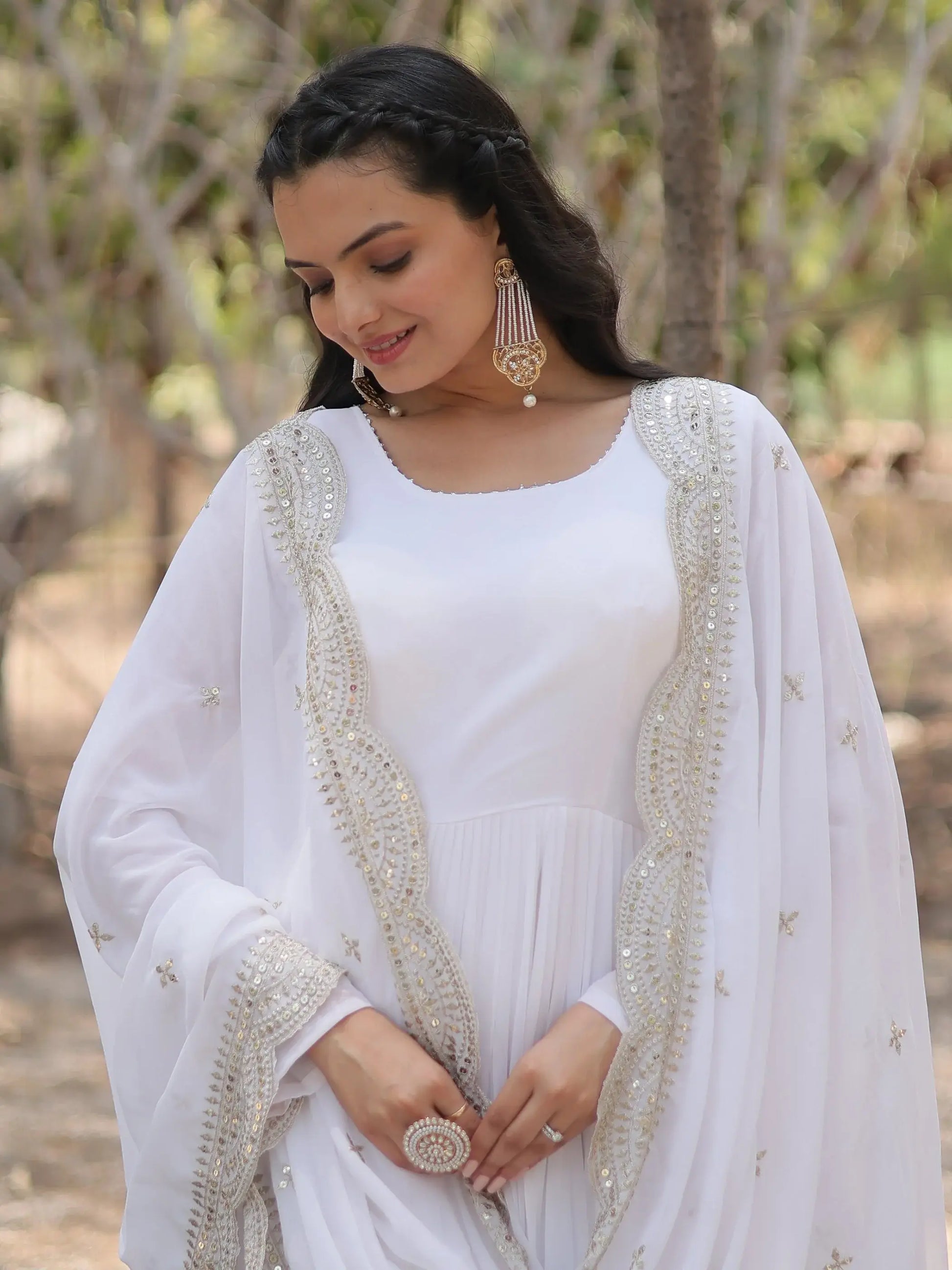 Captivating White Georgette Festival Wear Gown With Dupatta - Zeel Clothing