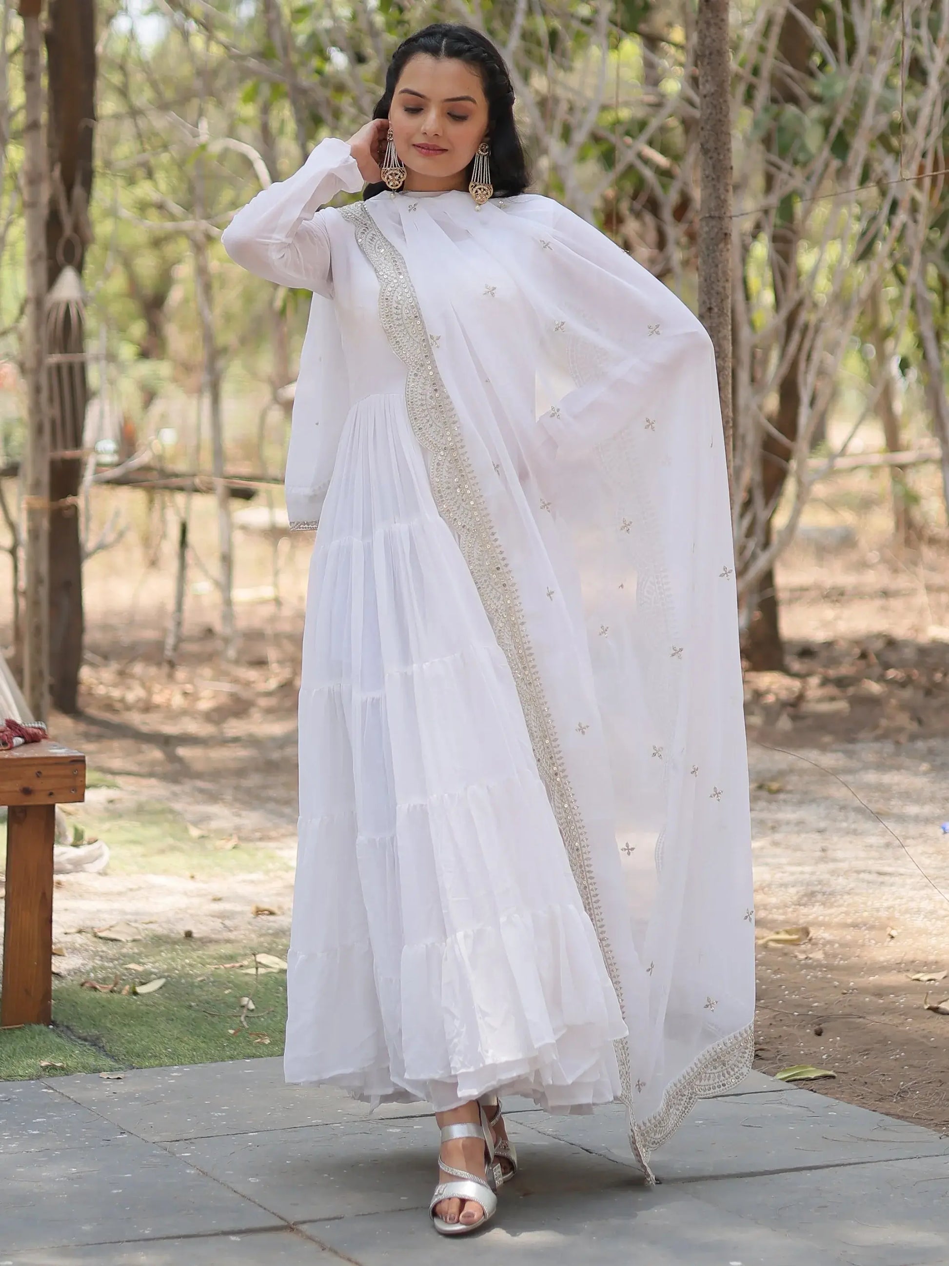 Captivating White Georgette Festival Wear Gown With Dupatta - Zeel Clothing