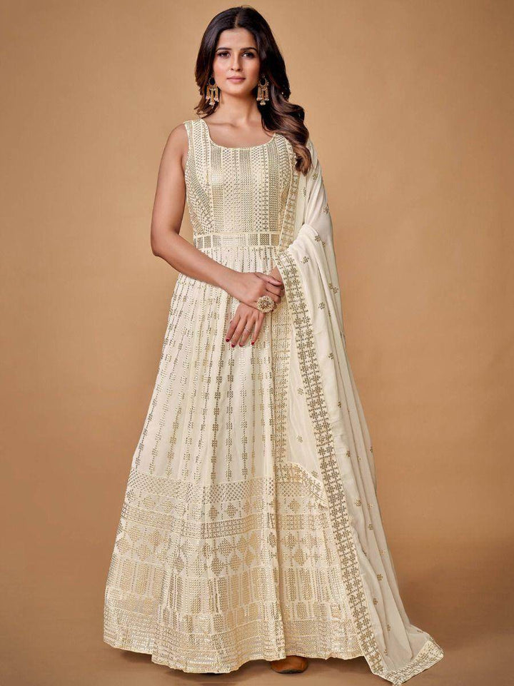 Captivating White Heavy Embroidery Georgette Ready-Made Gown - Zeel Clothing