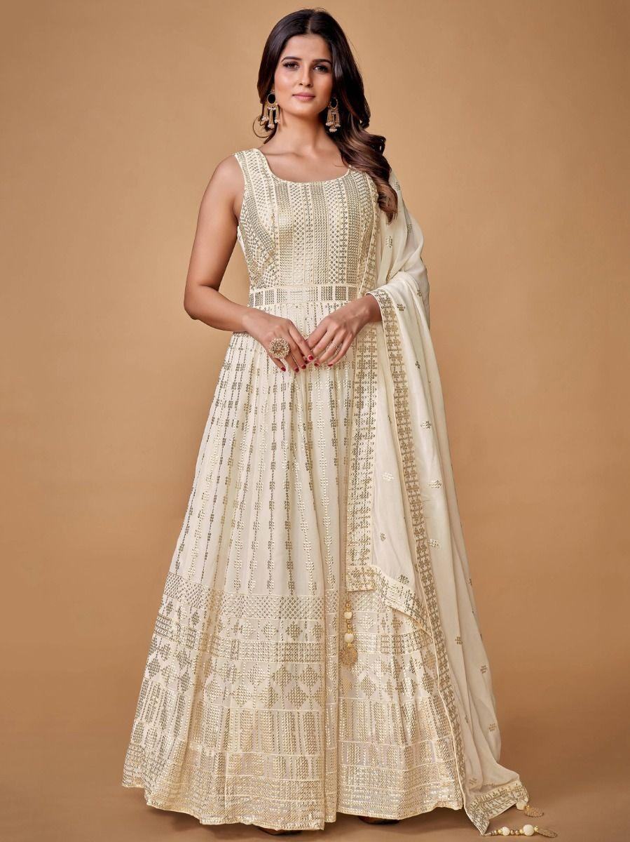 Captivating White Heavy Embroidery Georgette Ready-Made Gown