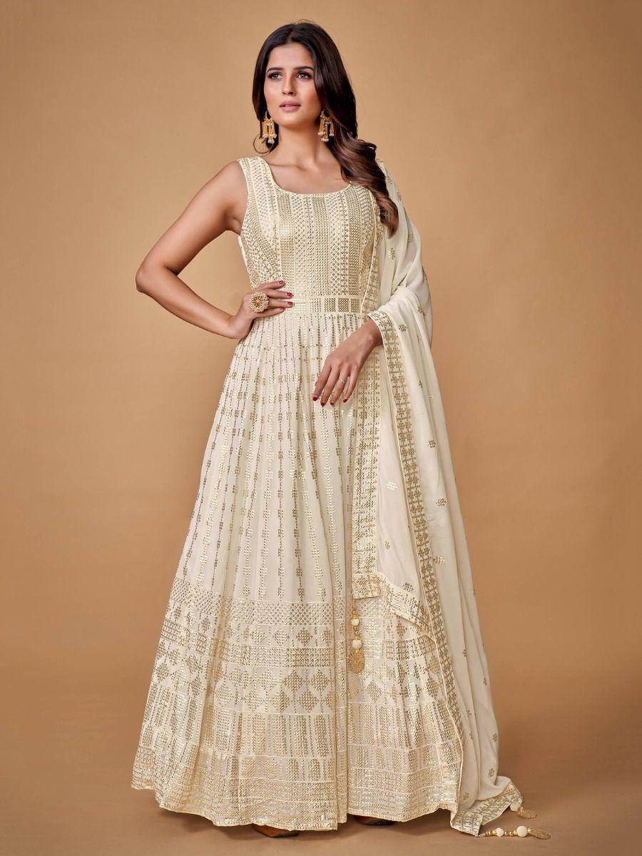 Captivating White Heavy Embroidery Georgette Ready-Made Gown - Zeel Clothing