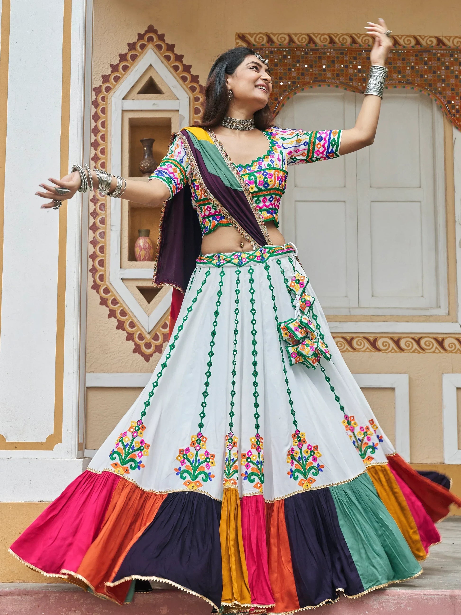 Captivating White Mirror Work Rayon Navratri Lehenga Choli - Zeel Clothing