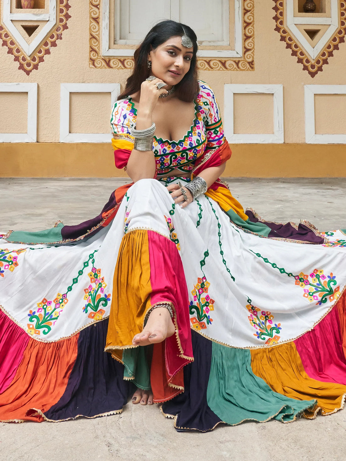 Captivating White Mirror Work Rayon Navratri Lehenga Choli - Zeel Clothing