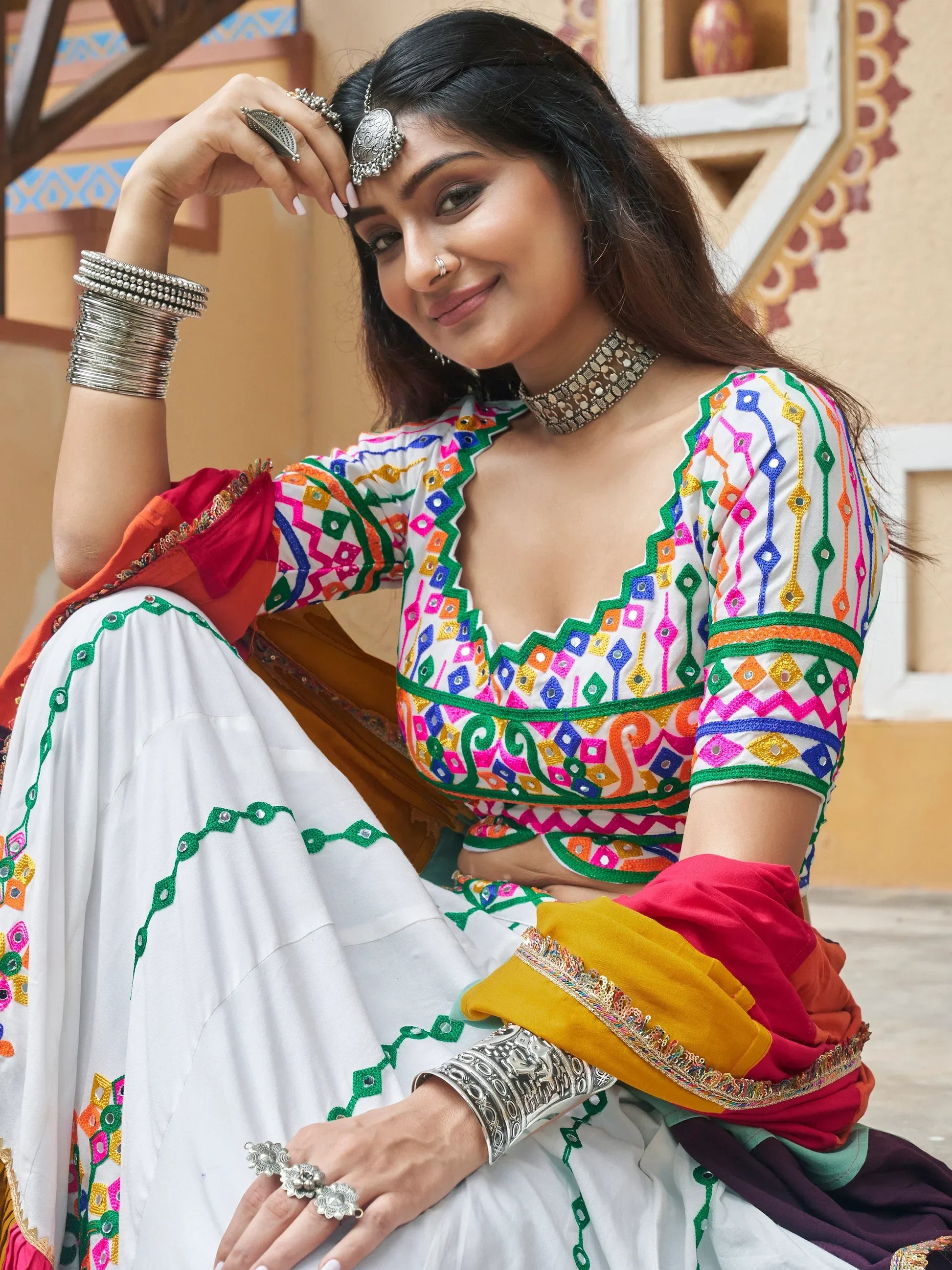 Captivating White Mirror Work Rayon Navratri Lehenga Choli - Zeel Clothing