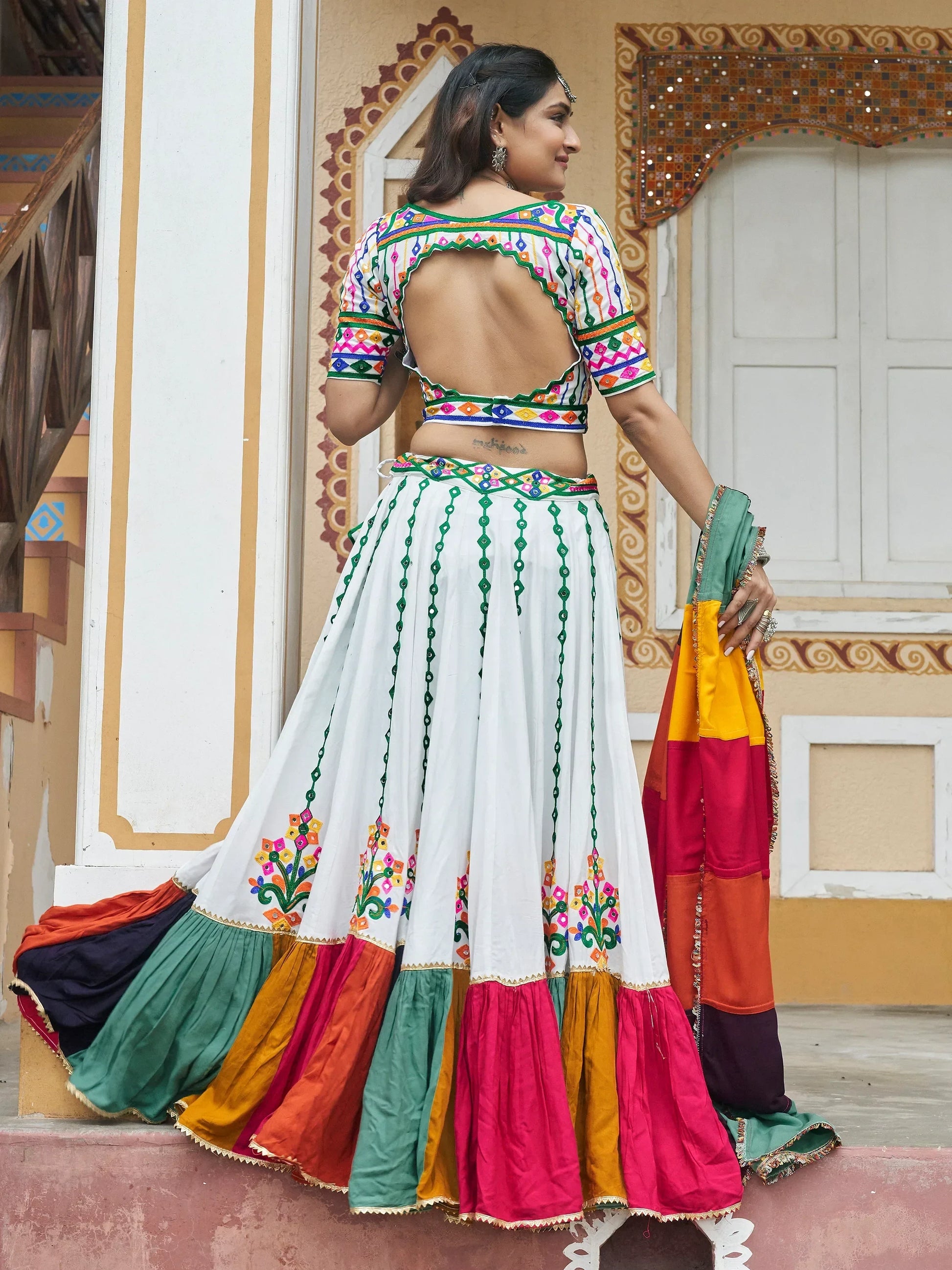 Captivating White Mirror Work Rayon Navratri Lehenga Choli - Zeel Clothing