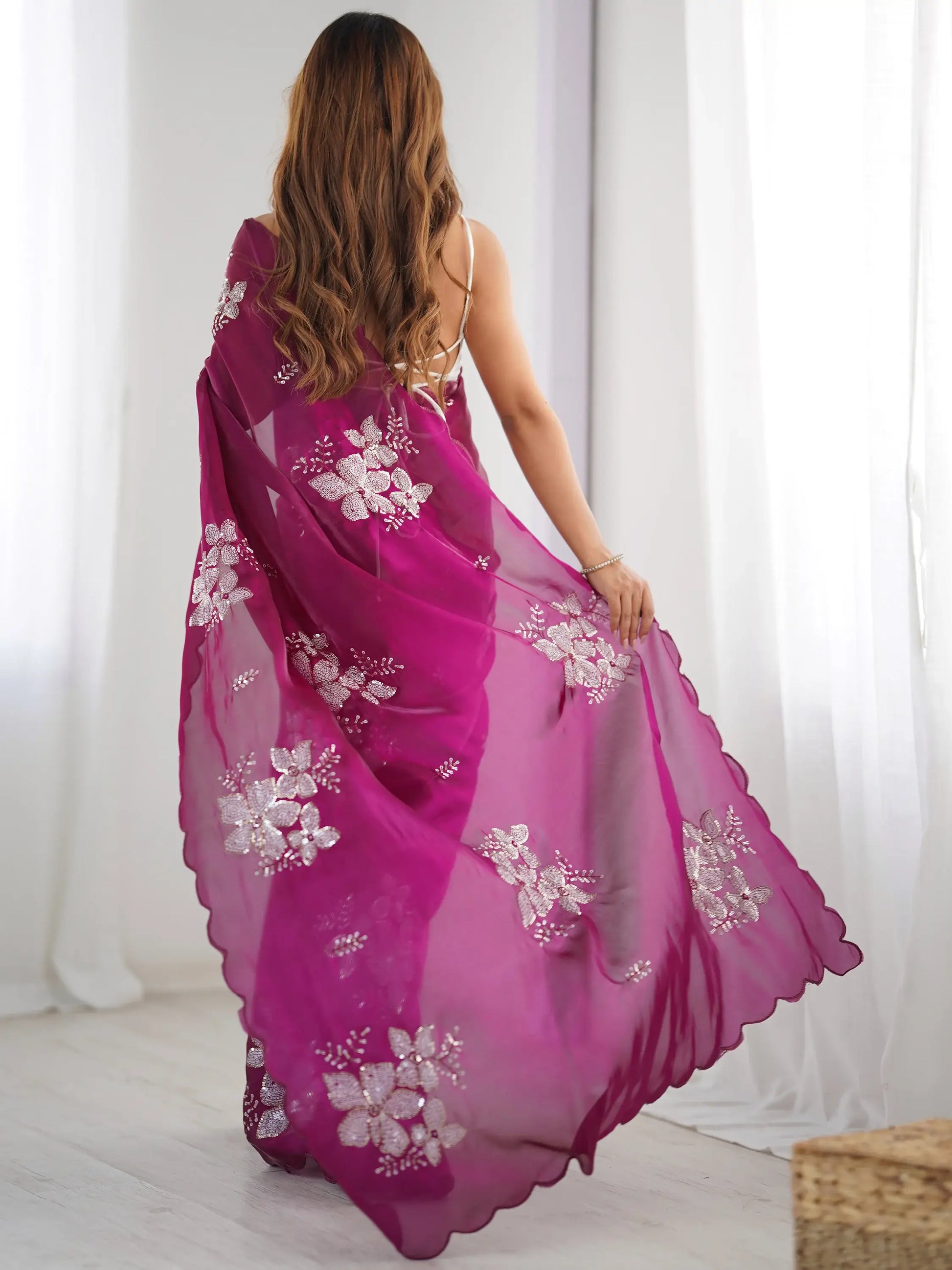 Captivating Wine Embroidered Organza Festival Wear Saree With Blouse - Zeel Clothing