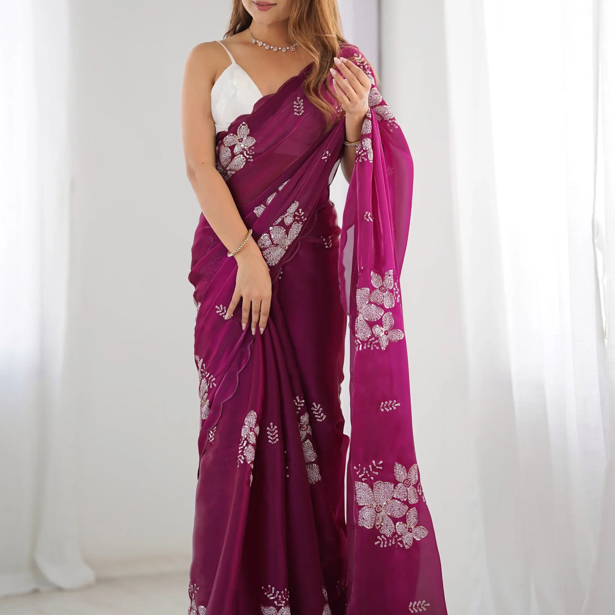 Captivating Wine Embroidered Organza Festival Wear Saree With Blouse - Zeel Clothing