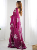 Captivating Wine Embroidered Organza Festival Wear Saree With Blouse - Zeel Clothing