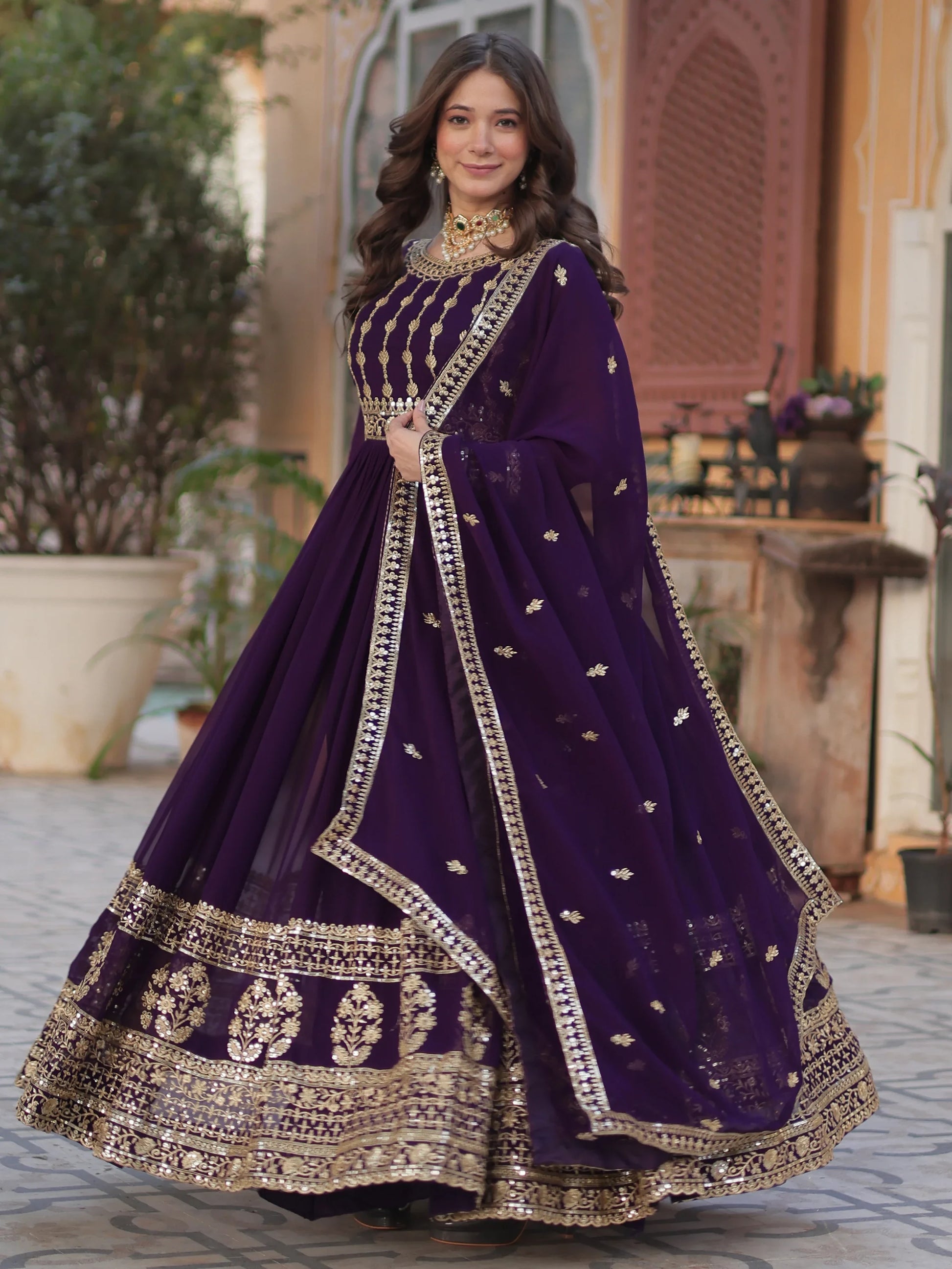 Captivating Wine Zari Embroidery Georgette Engagement Wear Gown With Dupatta - Zeel Clothing