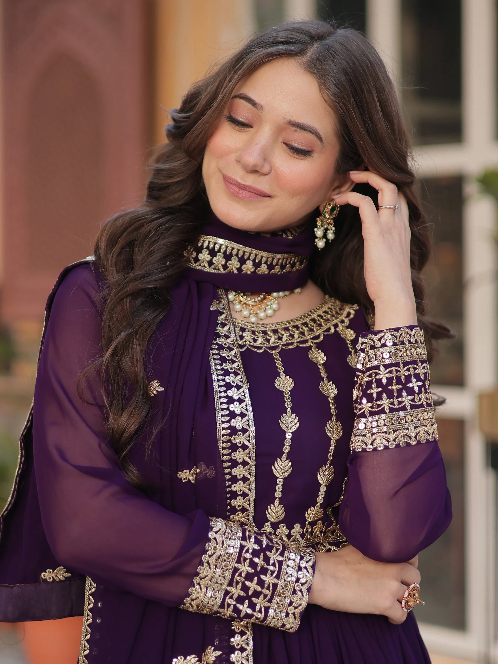 Captivating Wine Zari Embroidery Georgette Engagement Wear Gown With Dupatta - Zeel Clothing