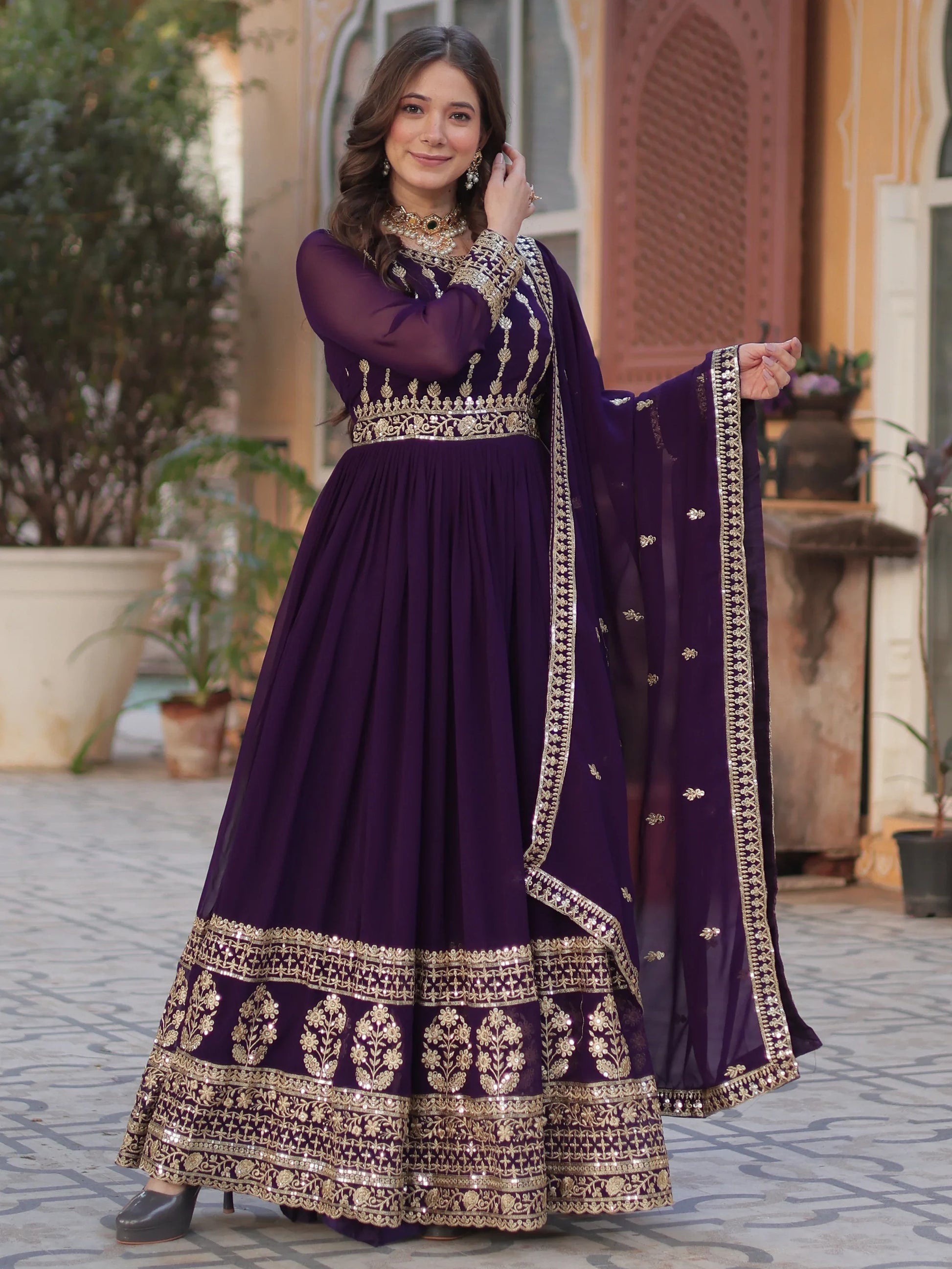 Captivating Wine Zari Embroidery Georgette Engagement Wear Gown With Dupatta - Zeel Clothing
