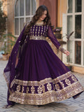 Captivating Wine Zari Embroidery Georgette Engagement Wear Gown With Dupatta - Zeel Clothing