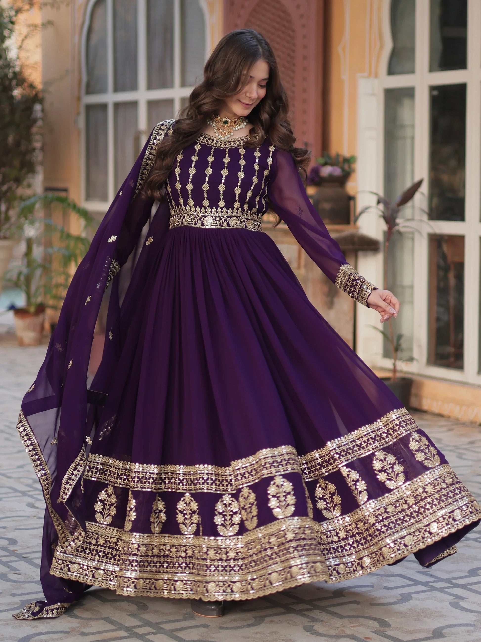 Captivating Wine Zari Embroidery Georgette Engagement Wear Gown With Dupatta - Zeel Clothing
