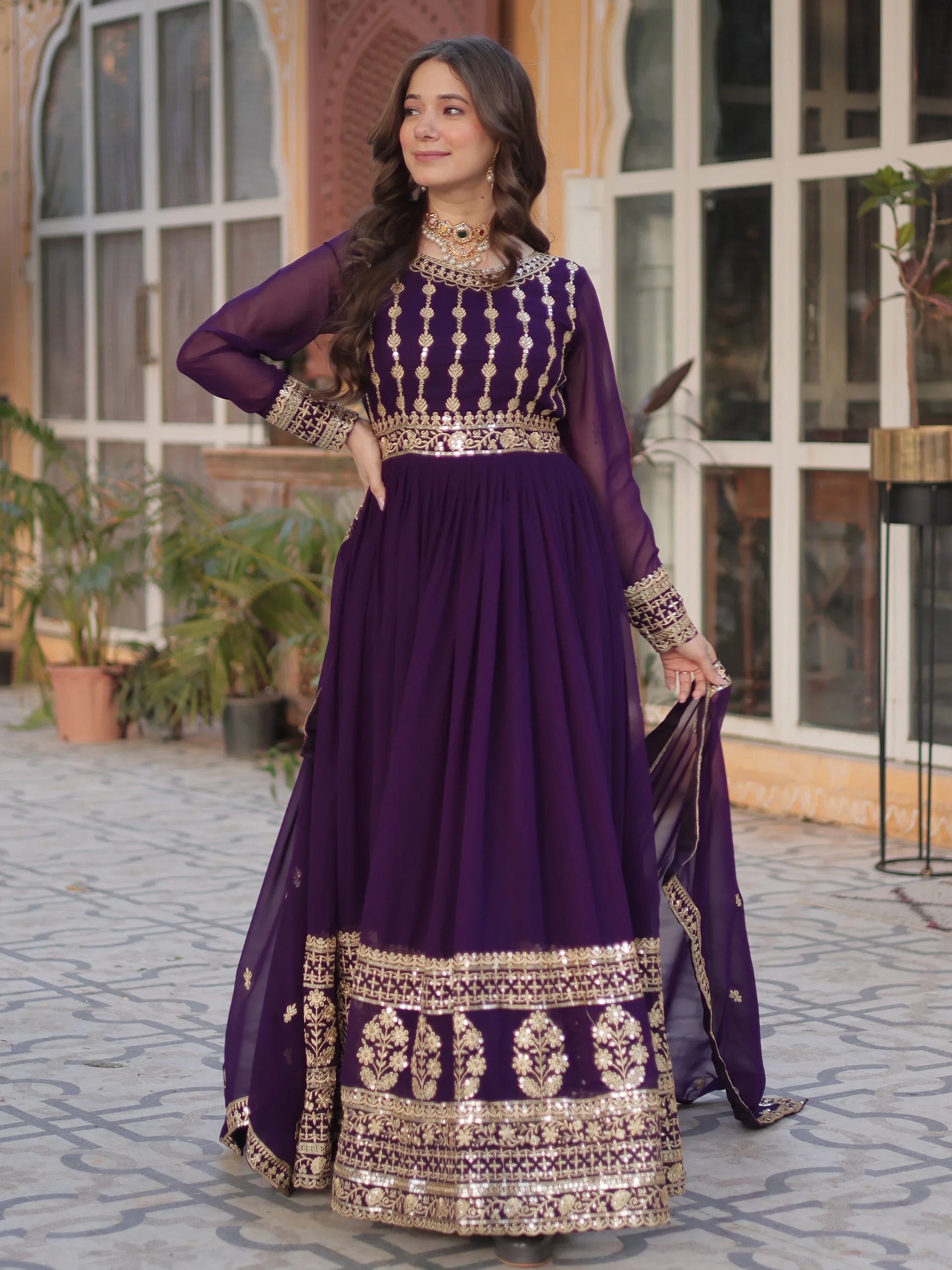Captivating Wine Zari Embroidery Georgette Engagement Wear Gown With Dupatta - Zeel Clothing