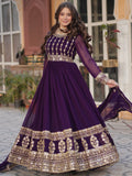 Captivating Wine Zari Embroidery Georgette Engagement Wear Gown With Dupatta - Zeel Clothing