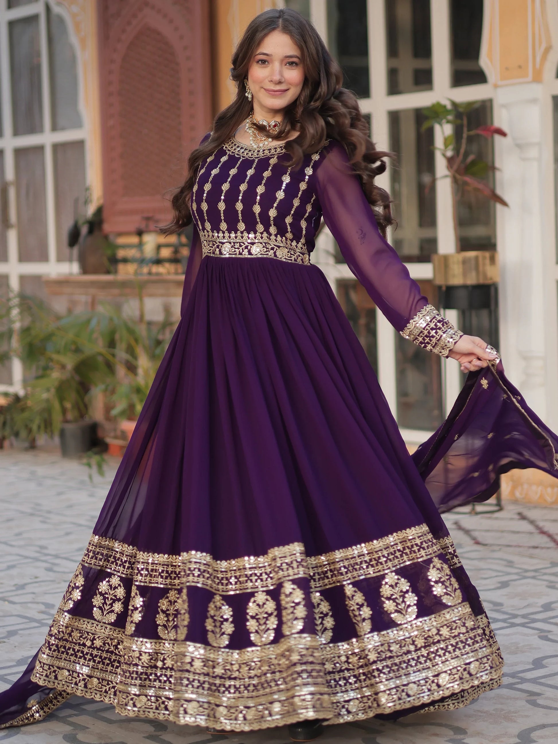 Captivating Wine Zari Embroidery Georgette Engagement Wear Gown With Dupatta - Zeel Clothing