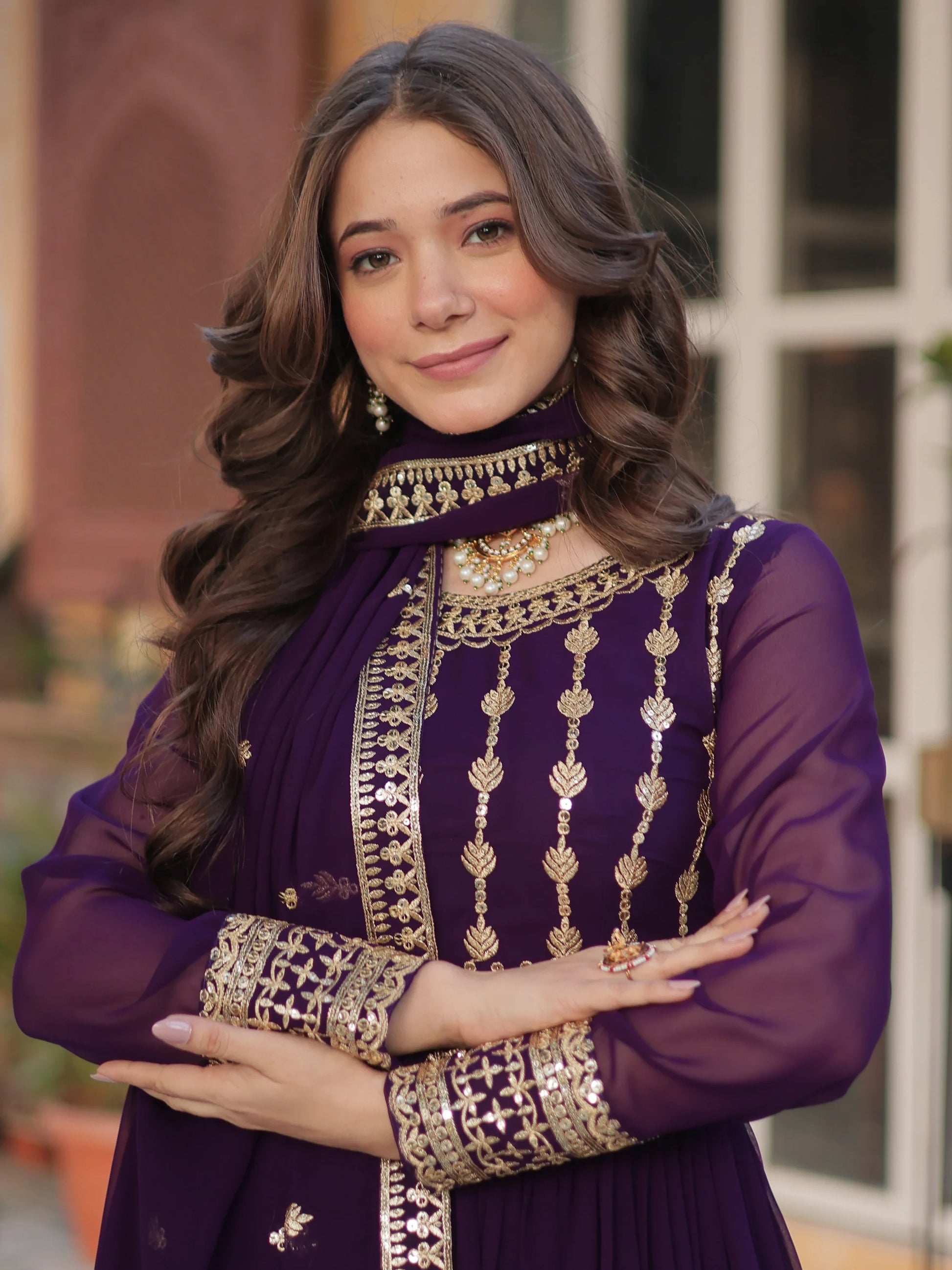 Captivating Wine Zari Embroidery Georgette Engagement Wear Gown With Dupatta - Zeel Clothing