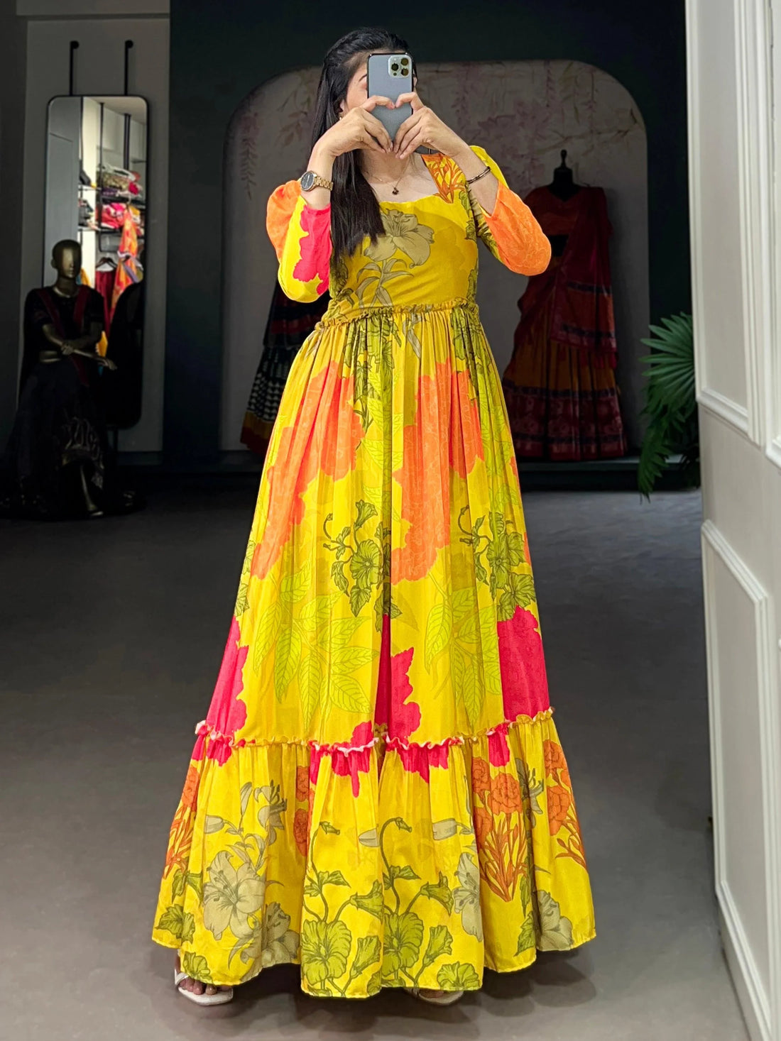 Captivating Yellow Floral Printed Silk Festival Wear Gown