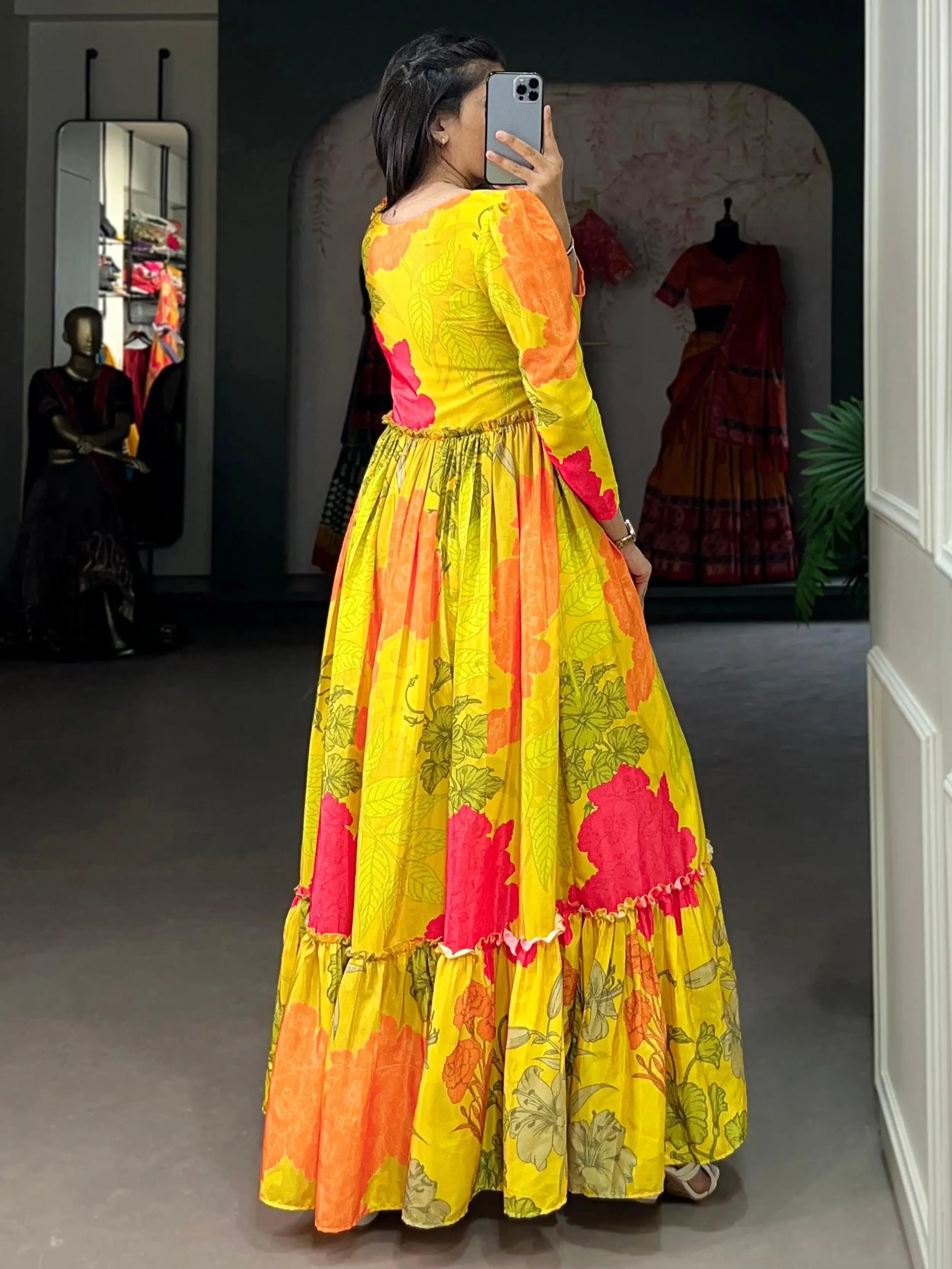 Captivating Yellow Floral Printed Silk Festival Wear Gown - Zeel Clothing