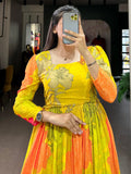 Captivating Yellow Floral Printed Silk Festival Wear Gown - Zeel Clothing