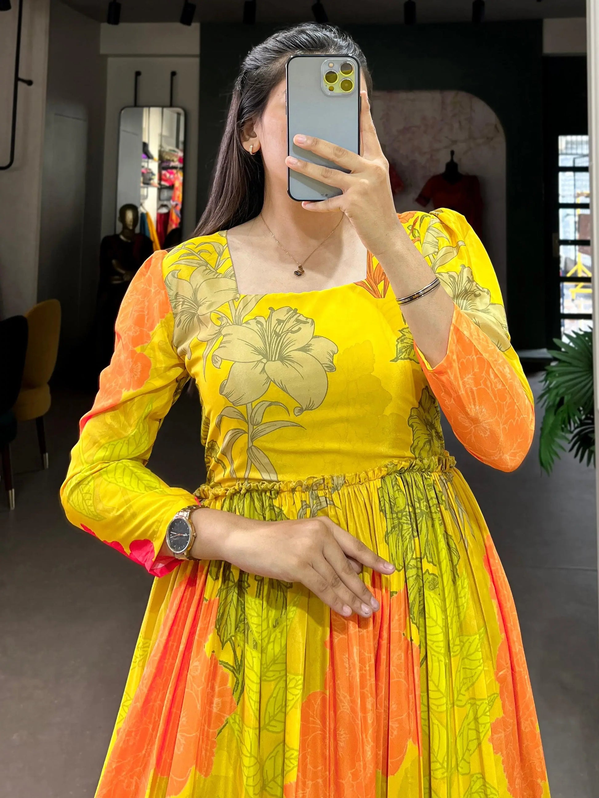 Captivating Yellow Floral Printed Silk Festival Wear Gown - Zeel Clothing