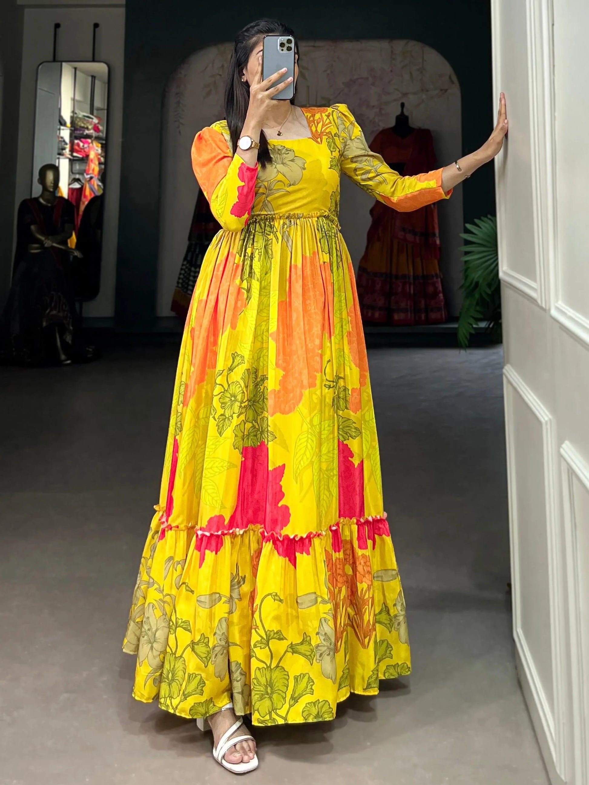 Captivating Yellow Floral Printed Silk Festival Wear Gown - Zeel Clothing