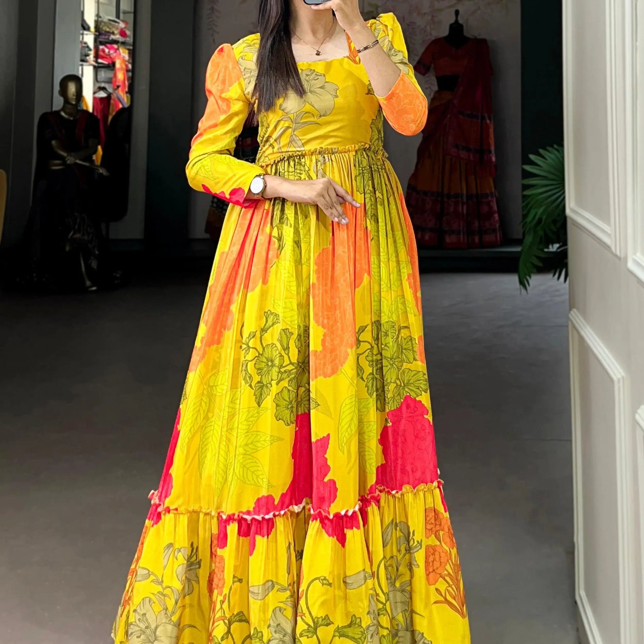 Captivating Yellow Floral Printed Silk Festival Wear Gown - Zeel Clothing