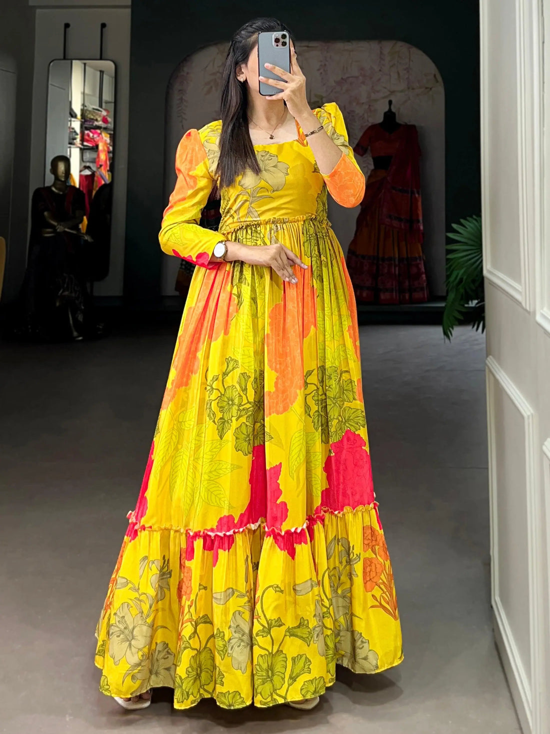 Captivating Yellow Floral Printed Silk Festival Wear Gown - Zeel Clothing
