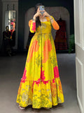 Captivating Yellow Floral Printed Silk Festival Wear Gown - Zeel Clothing