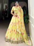 Captivating Yellow Floral Printed Silk Haldi Wear Lehenga Choli With Dupatta