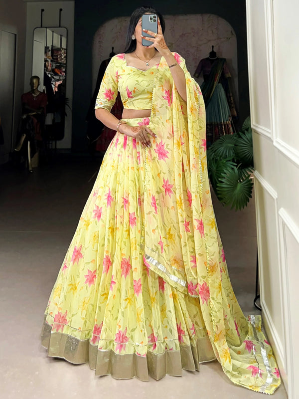 Captivating Yellow Floral Printed Silk Haldi Wear Lehenga Choli With Dupatta