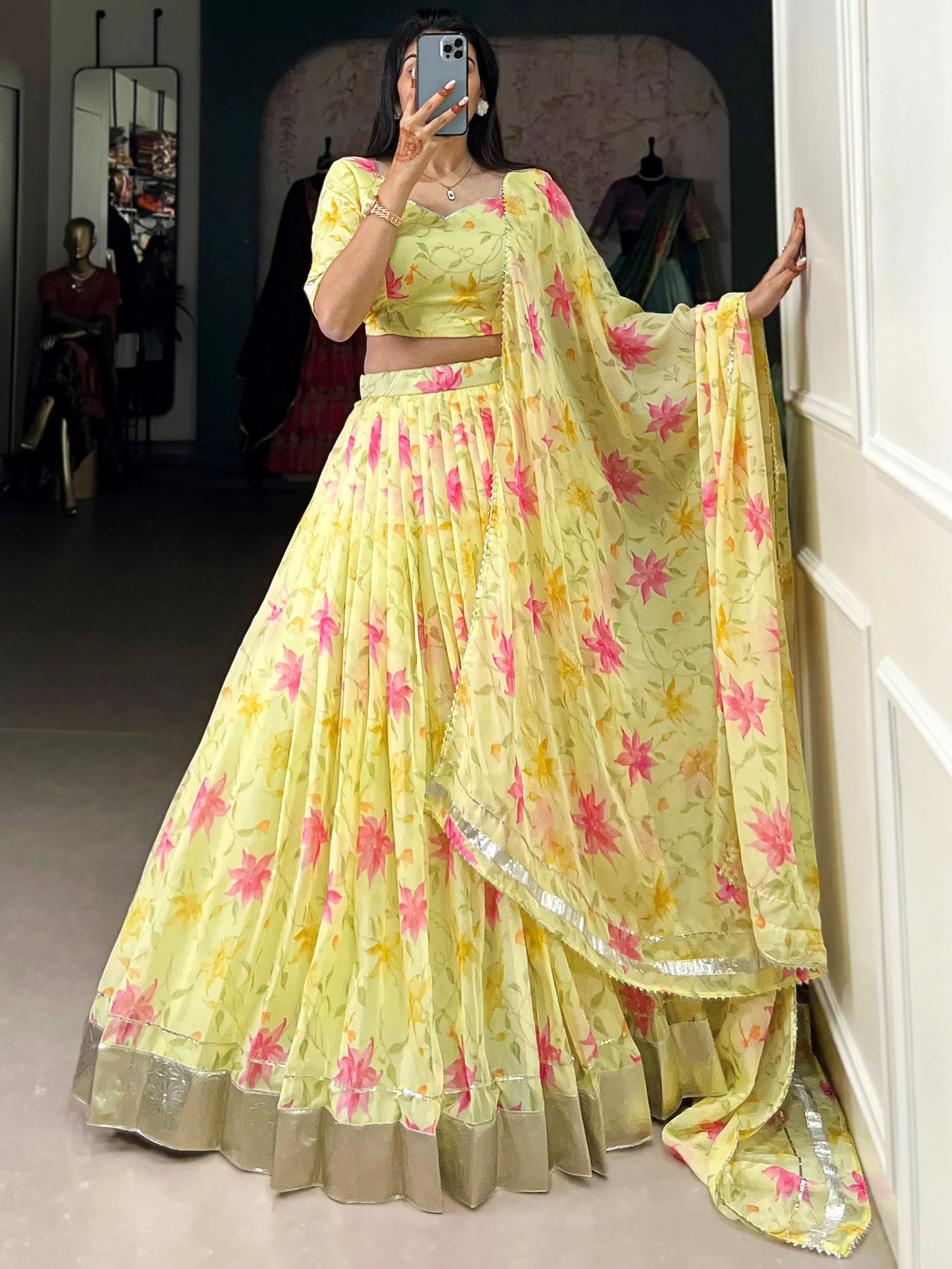 Captivating Yellow Floral Printed Silk Haldi Wear Lehenga Choli With Dupatta