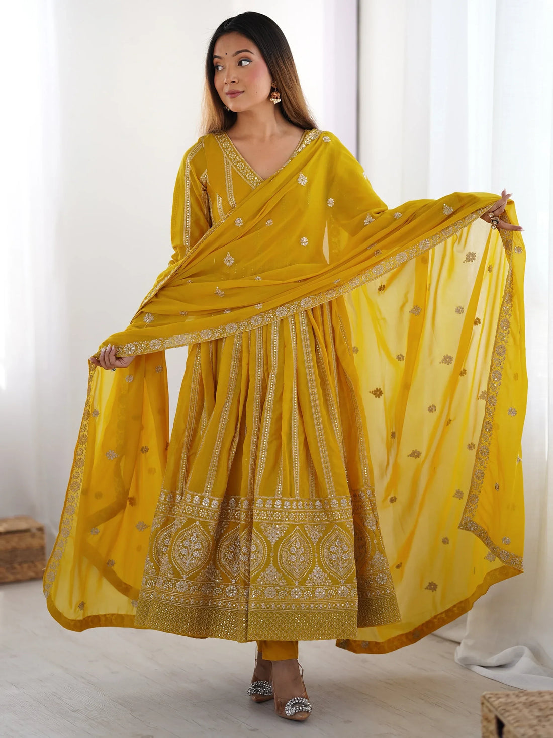 Captivating Yellow Sequins Georgette Haldi Wear Suit Pant With Dupatta - Zeel Clothing