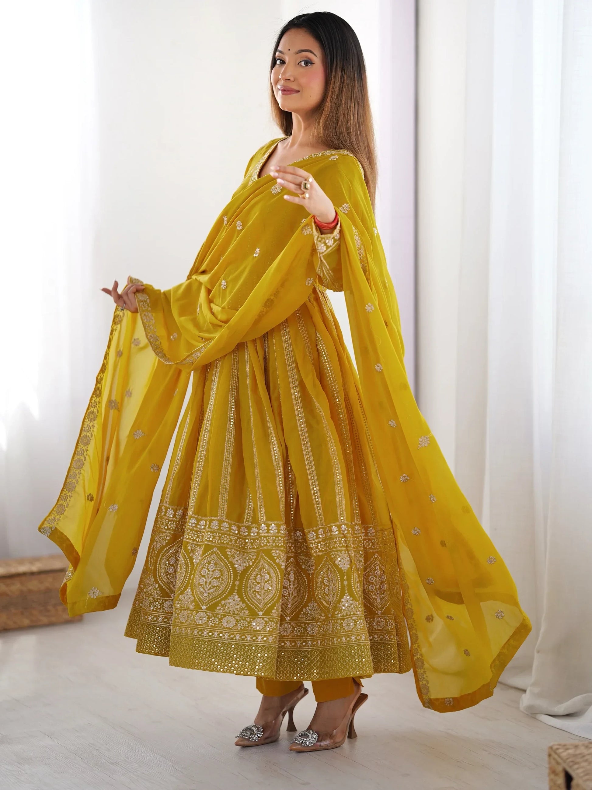 Captivating Yellow Sequins Georgette Haldi Wear Suit Pant With Dupatta - Zeel Clothing