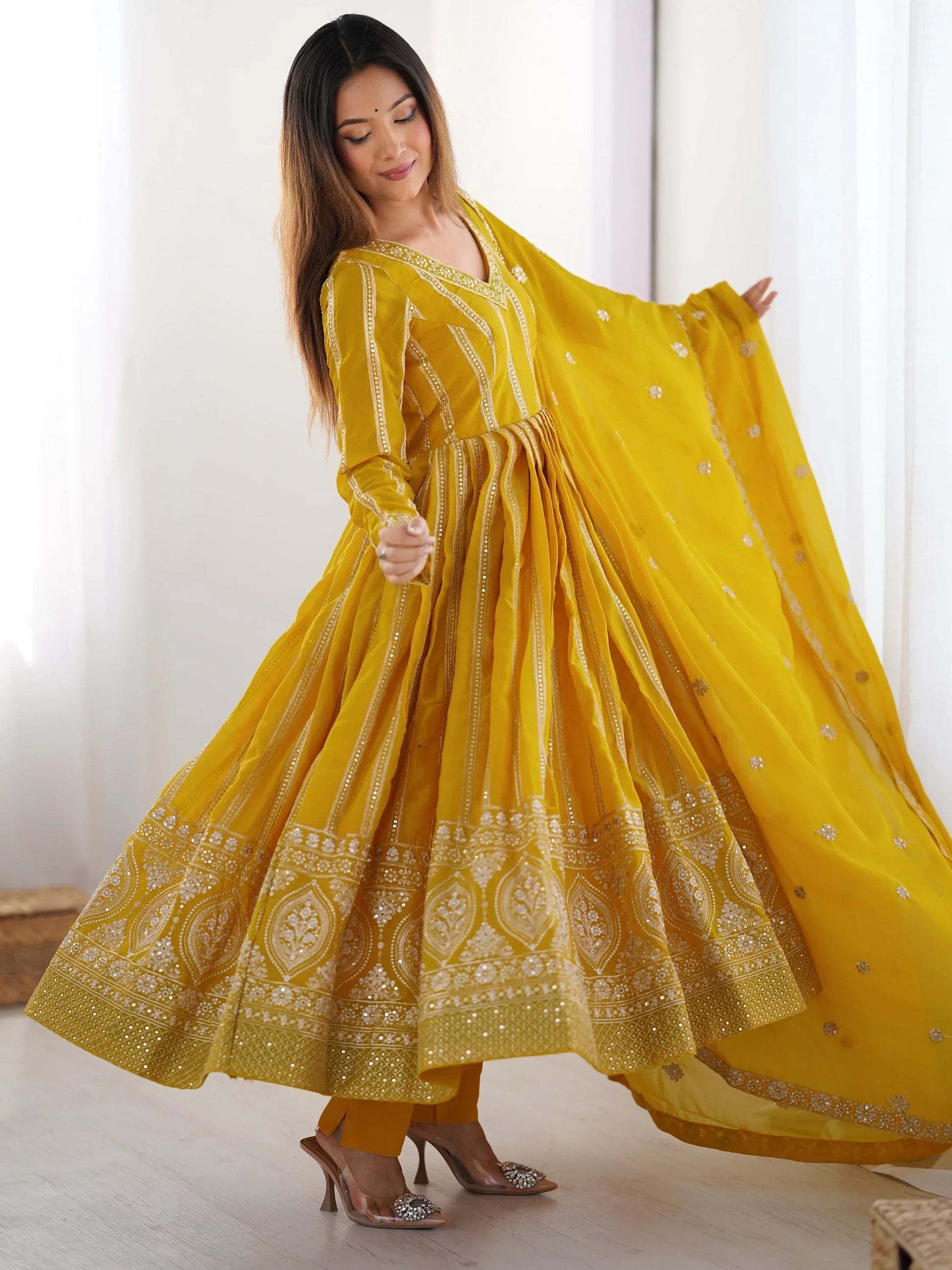Captivating Yellow Sequins Georgette Haldi Wear Suit Pant With Dupatta - Zeel Clothing