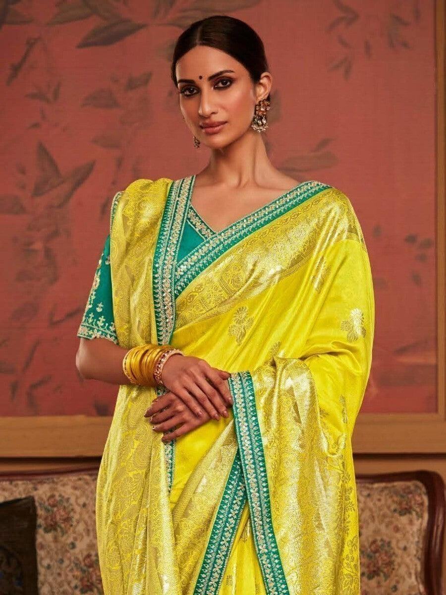 Captivating Yellow Woven Silk Wedding Wear Saree With Blouse