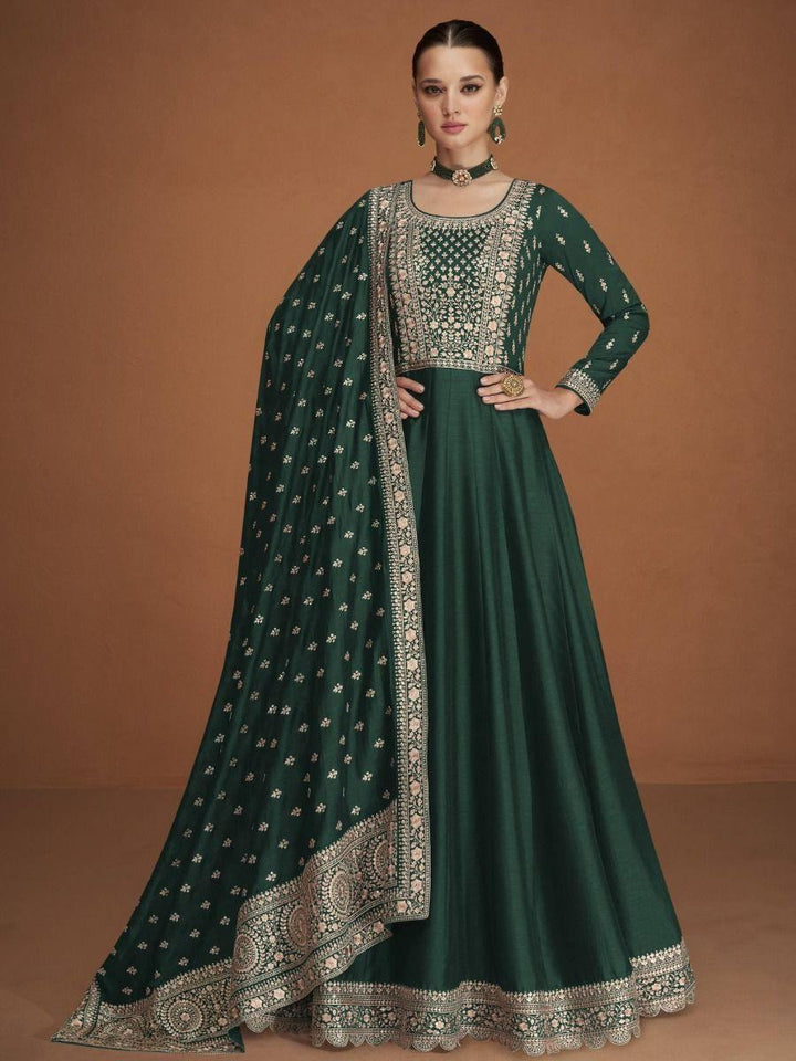 Charismatic Green Embroidered Silk Party Wear Gown